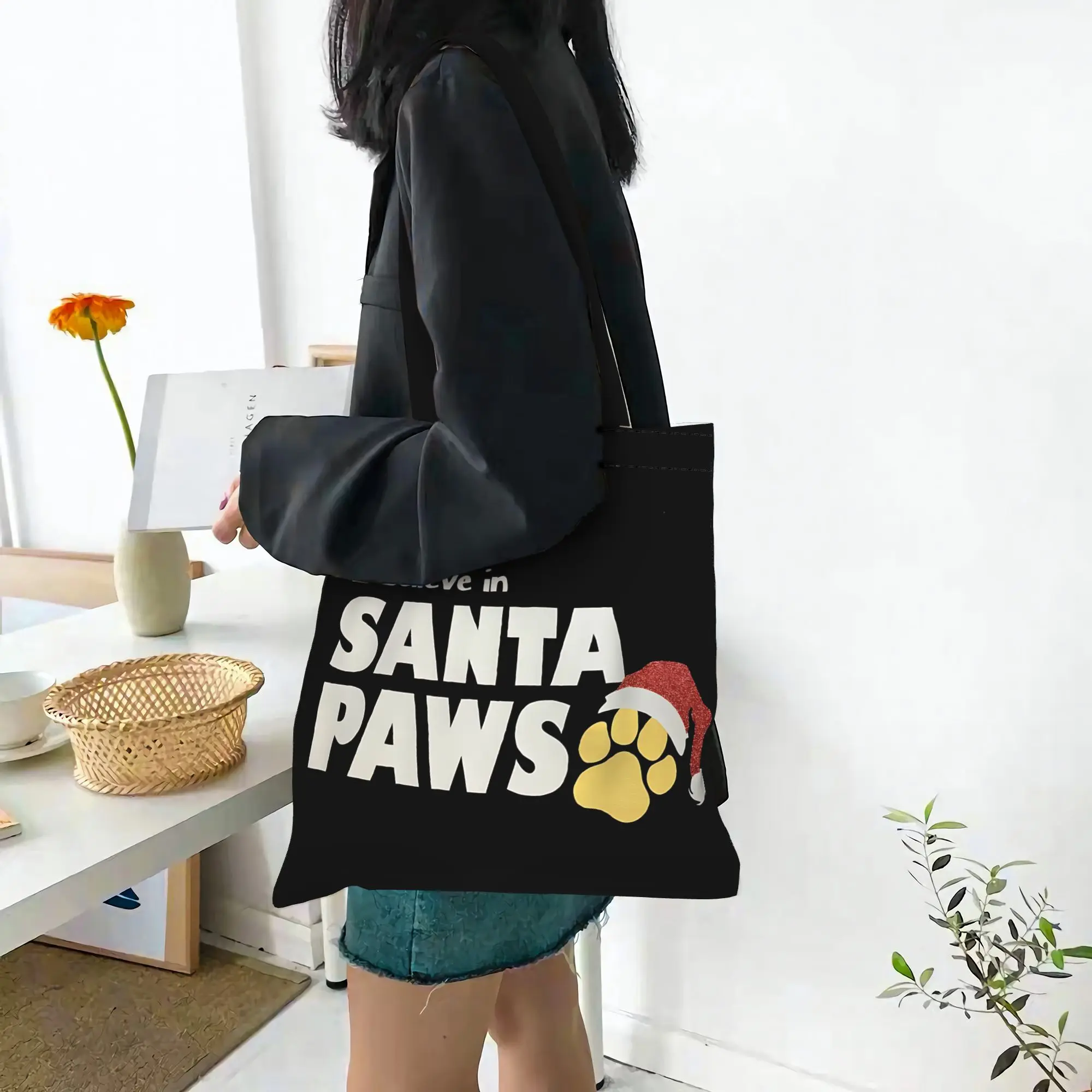 Customized I Believe In Santa Paws Print Women's Bag Campus Handbag Large Capacity  Canvas Tote Bag Foldable Chic Pattern