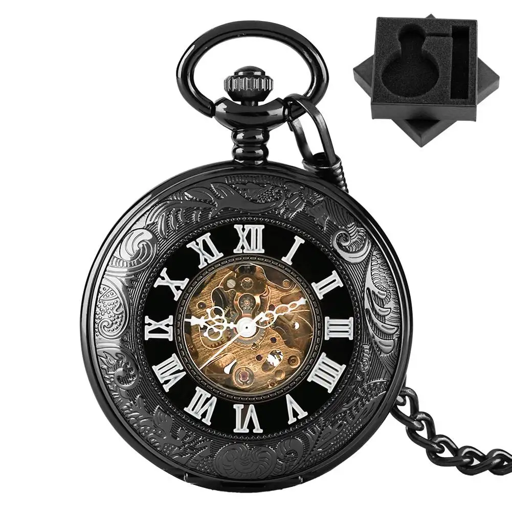 Black Automatic Mechanical Pocket Watch Classic Vintage Roman Numerals Display Fob Chain Pendant Clock Self Winding Timepiece