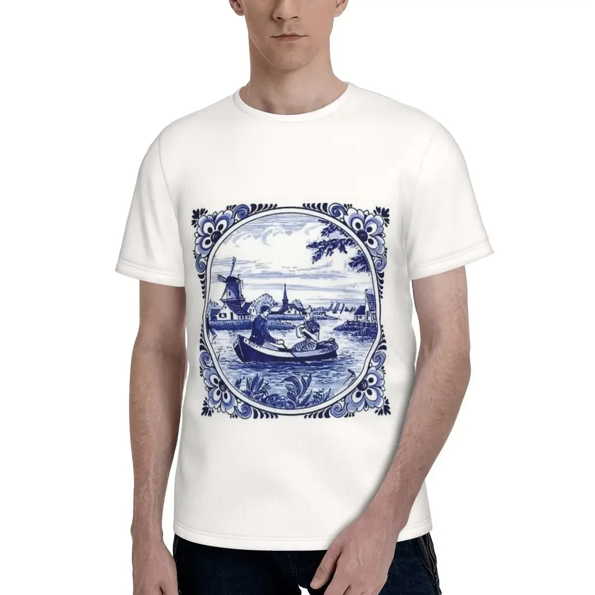 Dutch Blue Delft Windmill Church And Sailboats T-Shirt for Men  T Shirts Men's Short Sleeve Round Neck Summer Clothes Tops