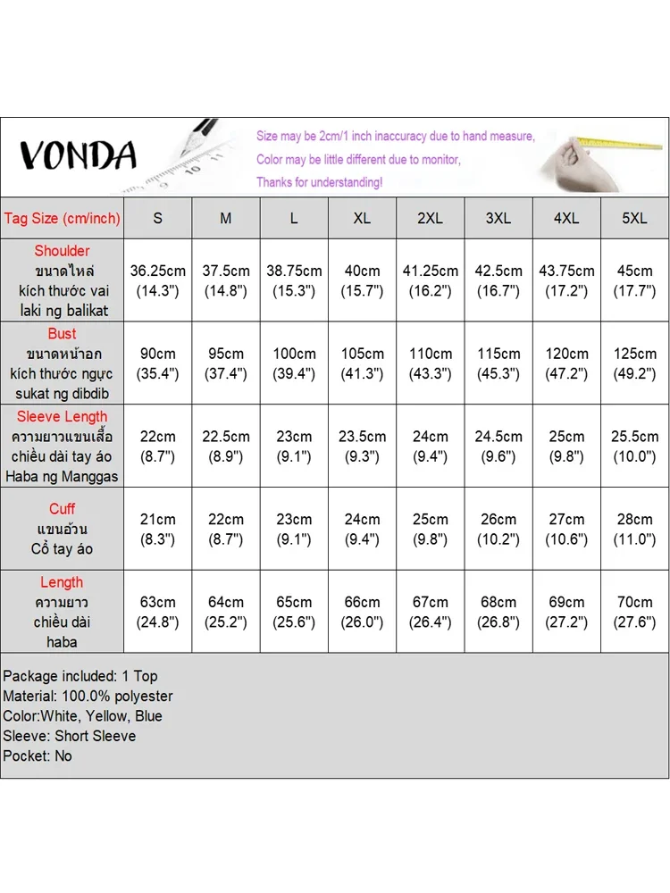 VONDA Modna Bluzka Damska Casual Krótki Rękaw Falbany Elegancka Koszula Biurowa Koronkowa Tunika Top 2025 Lato Jednolity Kolor Bluzki