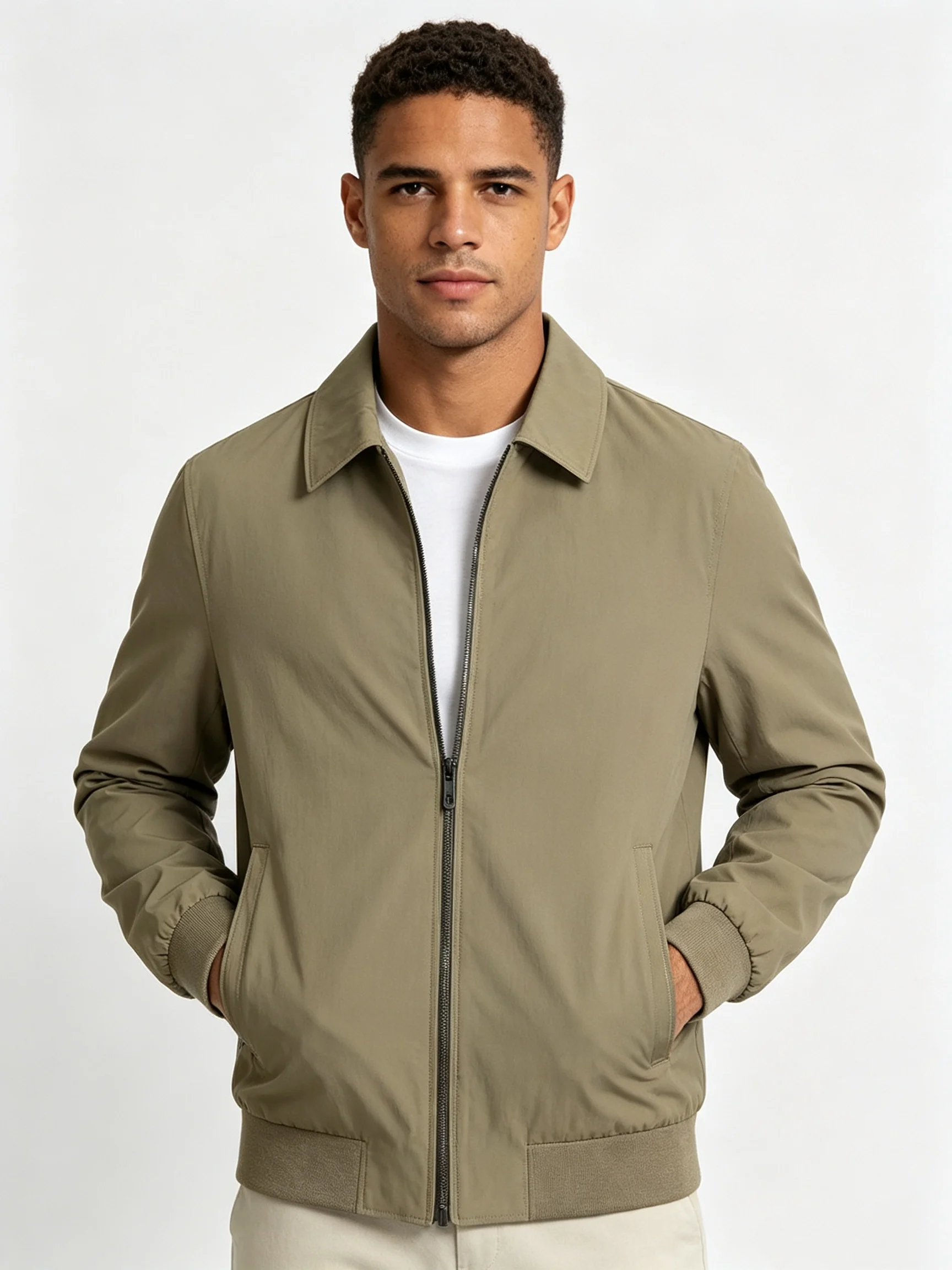 Men Khaki Lapel Zip Up Jacket Casual Business Lightweight Windproof Outerwear Daily Office Commuter Coat