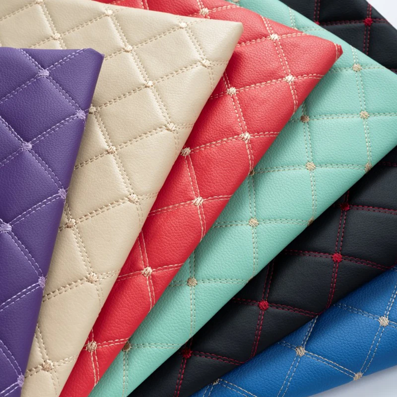 Embroidered Plaid Diamond PU Leather Fabric Thicken Sponge Quilted Artificial Leather For Diy Car Seat Cover Car Roof Upholstery