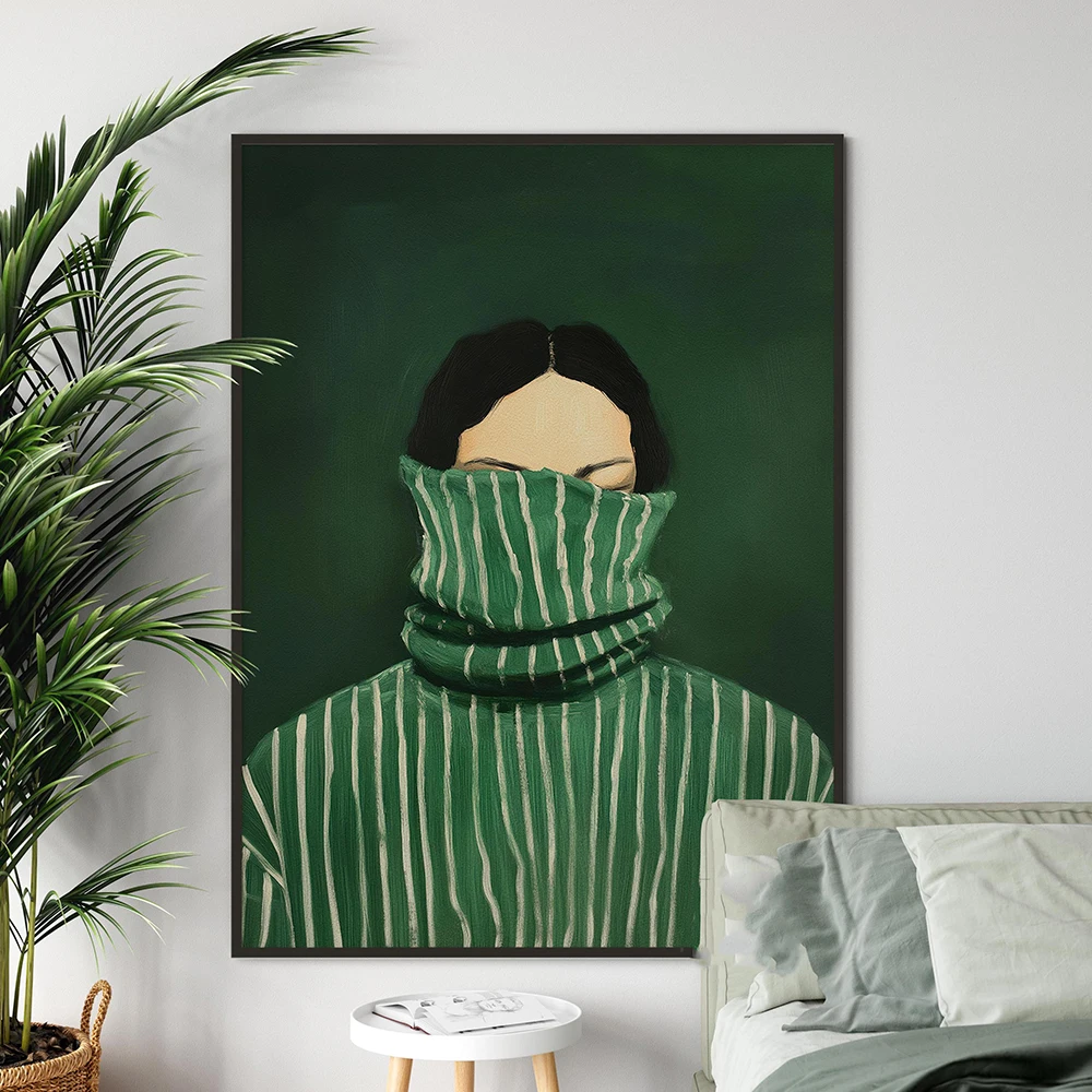 Minimalist Emerald Green Abstract Japandi Stripe Female Poster Dreaming in Comfort Canvas Painting Wall Pictures Bedroom Decor