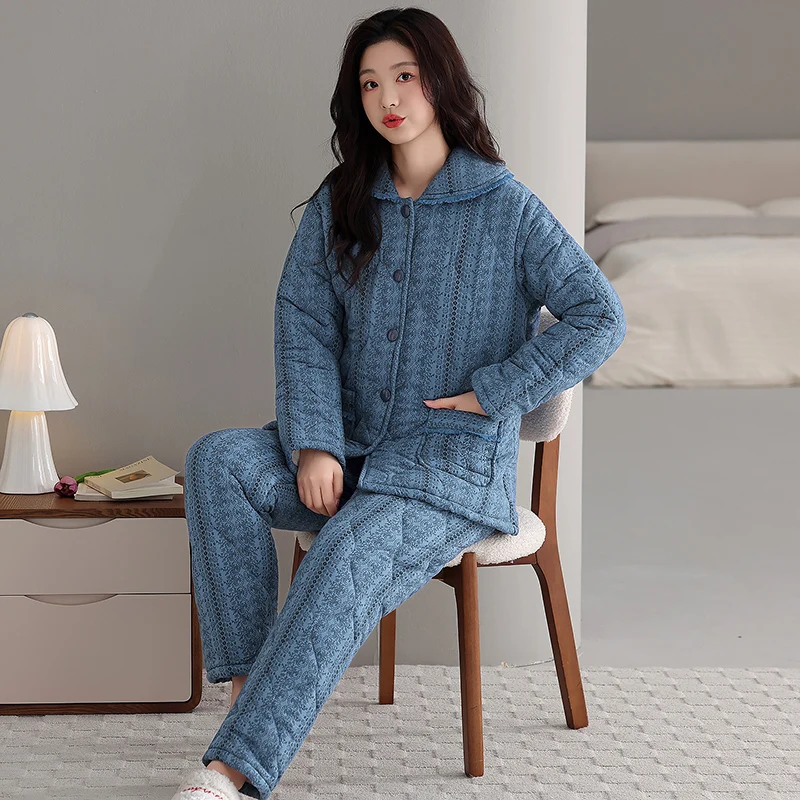Warm Winter 3 Layers Cotton Quilted Pajamas For Women Long Sleeved Pant Sets Fashion Coral Velvet Women's Suit Winter Sleepwear