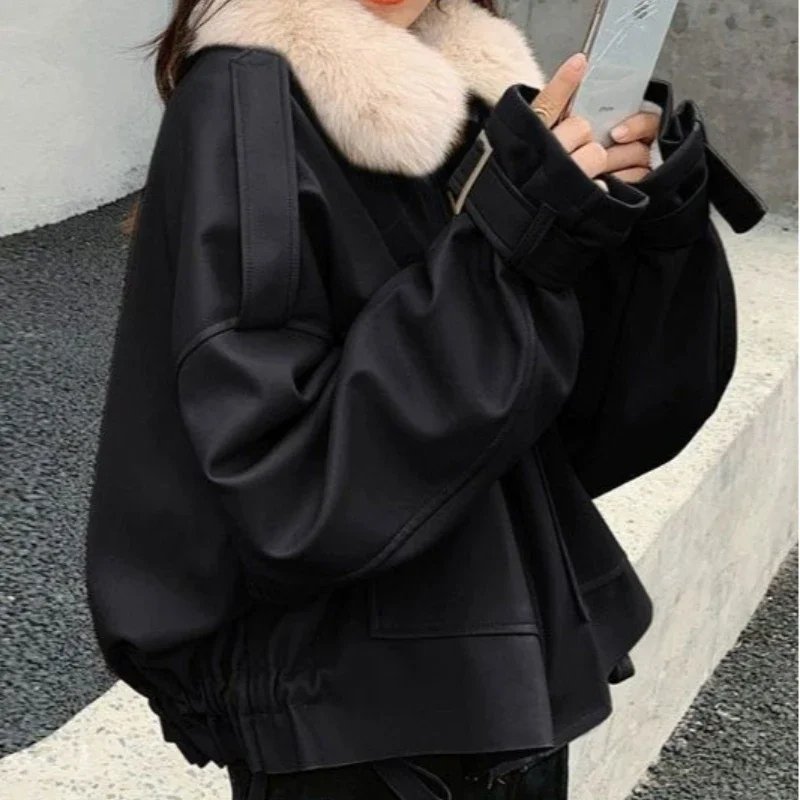 Pie Overcome Leather Jacket Women's Autumn and Winter 2025 New Loose Fleece Thickened Small Short
