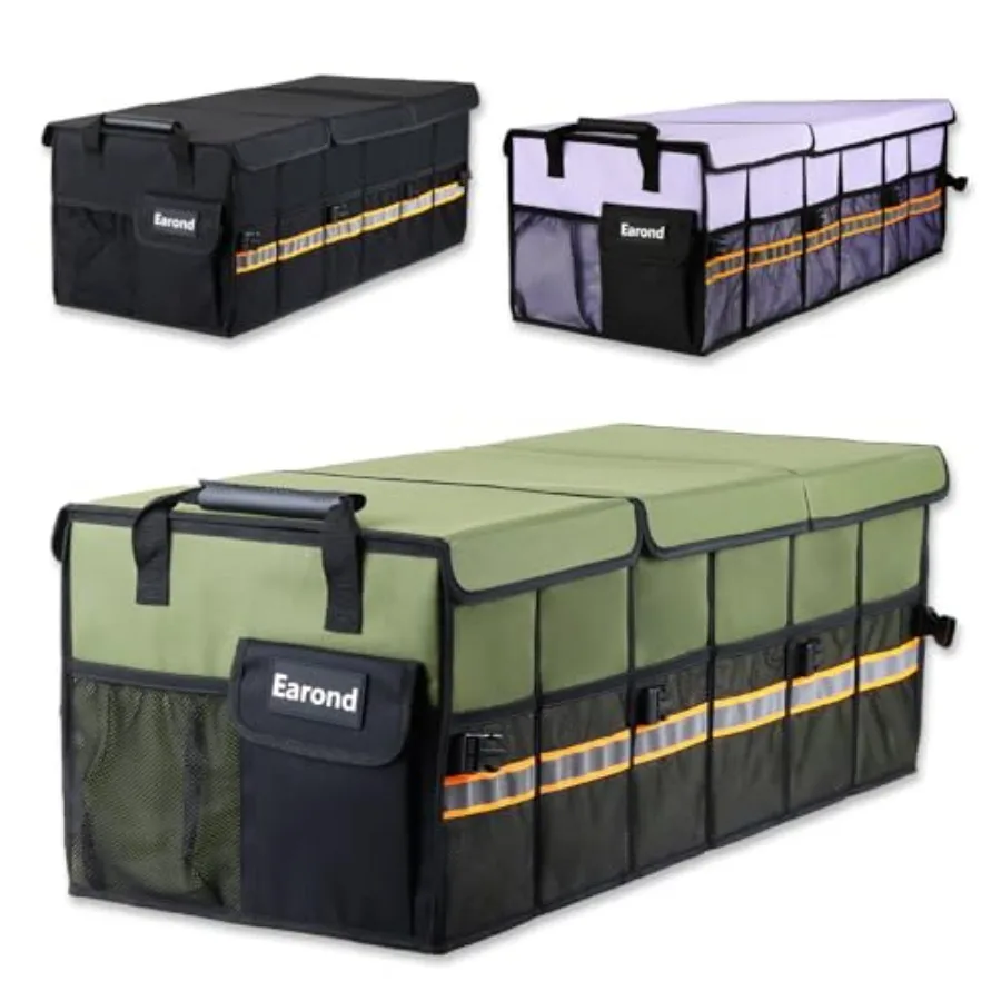 

Car Trunk Organizer with Lid Collapsible Storage for SUV Sedan Jeep Green Multi Compartments Securing Straps