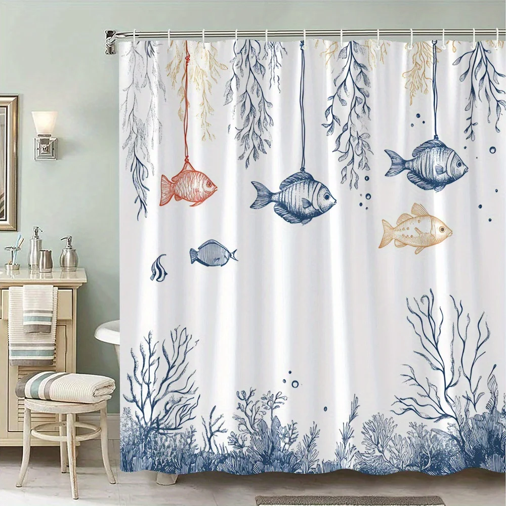 

Занавеска для душа с подводной сценой синей и оранжевой рыбой — нарисованный вручную дизайн с кораллом и водорослей | Винтажный ботанический океанический декор