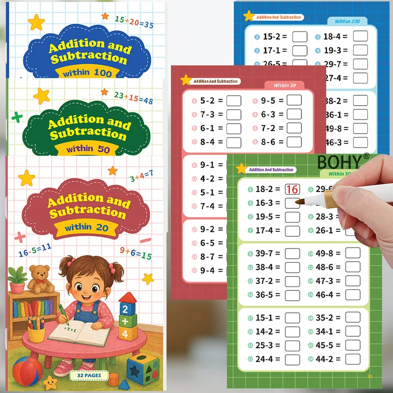 3 Books of Addition and Subtraction Arithmetic Practice, Addition and Subtraction Arithmetic Books Within 20/50/100, 96 Pages