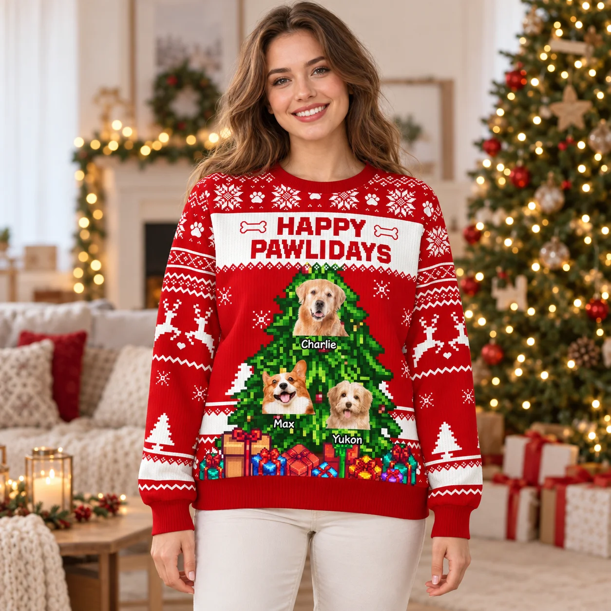 Festive Puppy Photo Prints Ugly Christmas Sweater Custom Dog Names Long Sleeve Crewneck Sweaters for Winter Celebrations