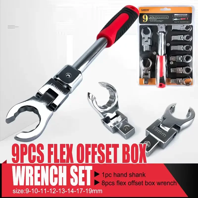 9pcs Flex Offset Box Wrench Set Replaceable Head Trox Shaking Wrench 180 ° Rotating Gear Wrench Handle Tools