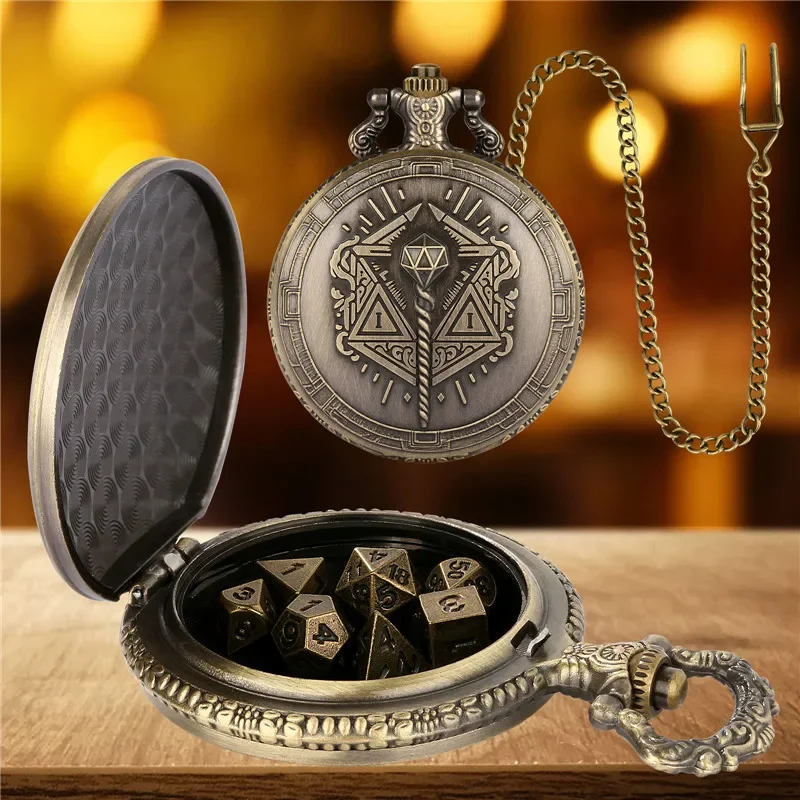 7Pcs Tiny Polyhedral Metal Dice Set for Table Role Play Gaming Dices Antique Magic Wand Pocket Watch Case with Pendant Chain