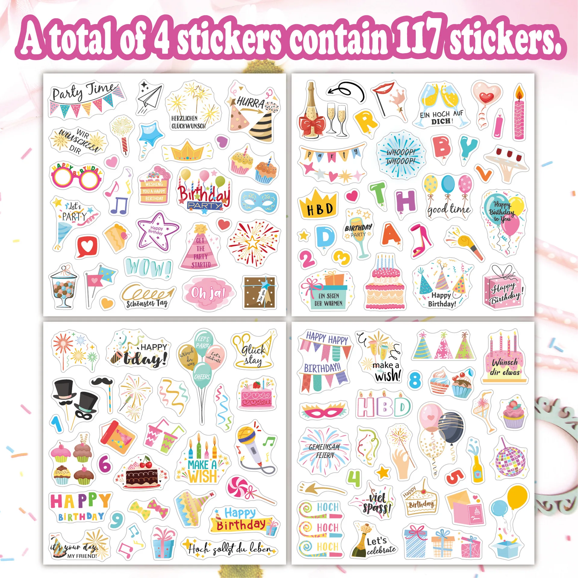 Happy Birthday Stickers German English Cartoon Ins Style Cake Party Decor Scrapbook New Arrival Stickers