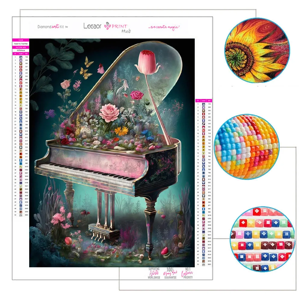 Diamante bordado Piano rosas paisagem mosaico, imagens de instrumentos musicais, decoração para casa, 5D, DIY, 2023