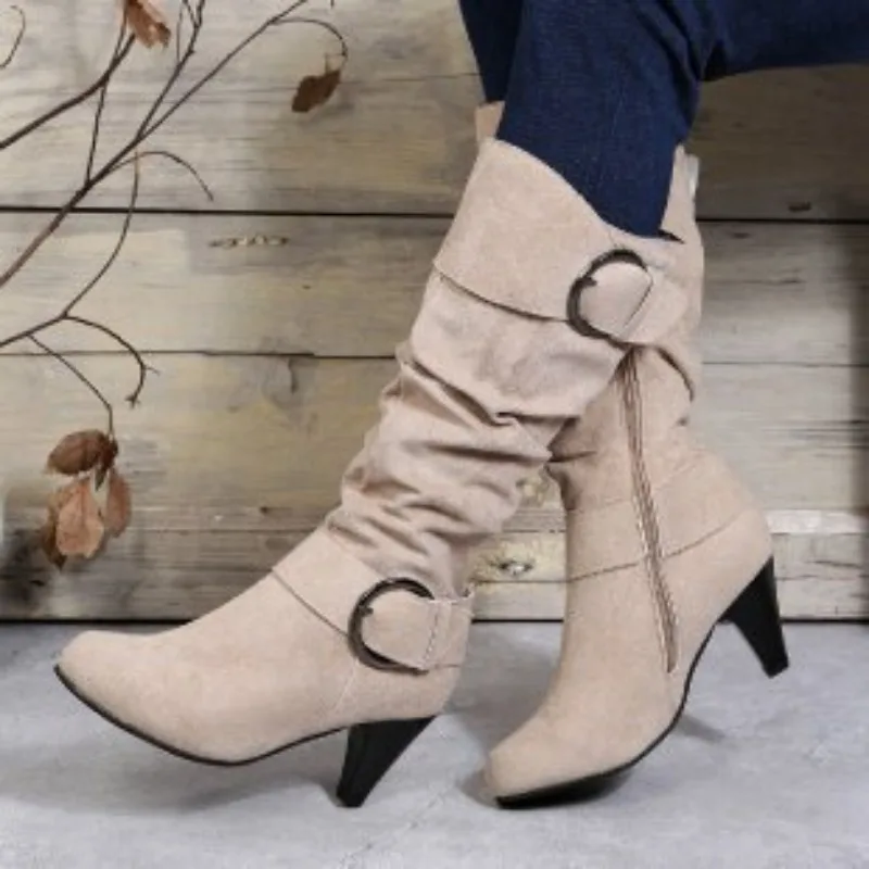 Big Size 34-43 Autumn Winter New PU Leather Buckle Chunky Heels Mid Calf Boots Round Toe Slip on Casual Women Shoes Roman Style