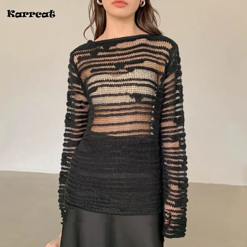 Karrcat Gothic Hollow Out Pullover Grunge Embroidery Knit Jumper Dark Aesthetic See Through Sweater Korean Fashion Streetwear