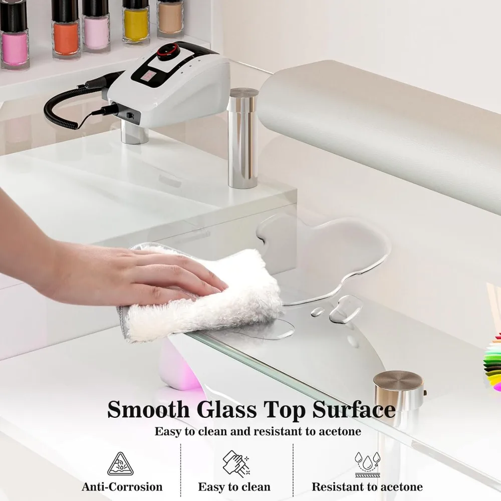 Manicure Table Nail Tech Table, Glass Top Nail Desk Station for Nail Tech w/Shelves & Wrist Cushion, Acetone Resistant Be