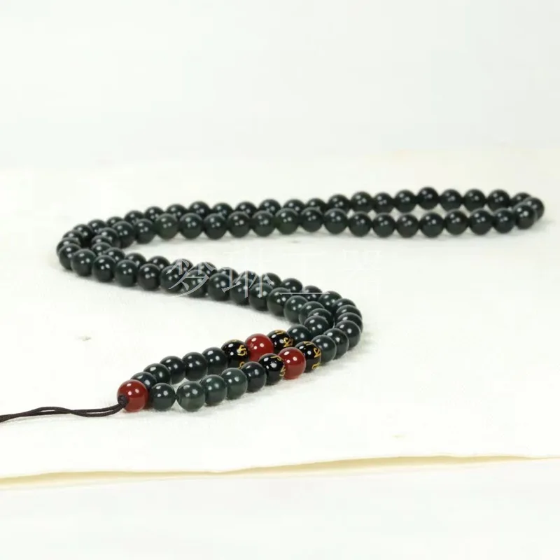 Natural Hotan Green Jade Round Necklace, 89 Beads, Handheld Buddhist Bead Pendant, Sweater Chain, Bracelet