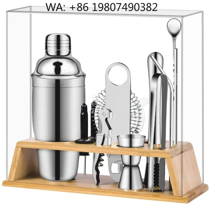 Premium Complete Home Bar Tool Set, 14Pcs Stainless Steel Cocktail Shaker Bartender Accessories With Dust Cover Bamboo Stand