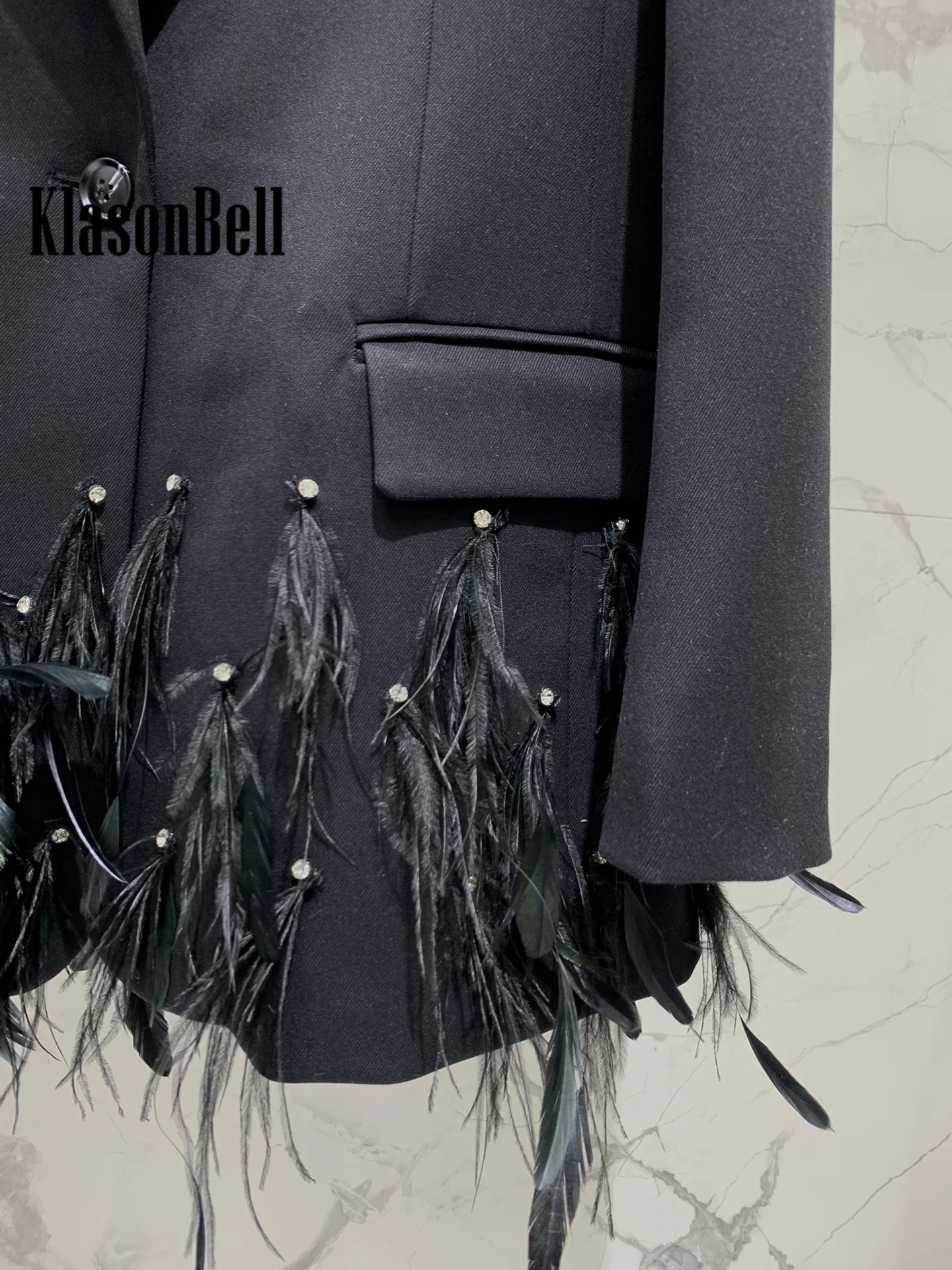 8.4 KlasonBell Women Noble Fashion Feathers Beading Loose Blazer Temperament Shoulder Pads Single Breasted Black Jacket Coat