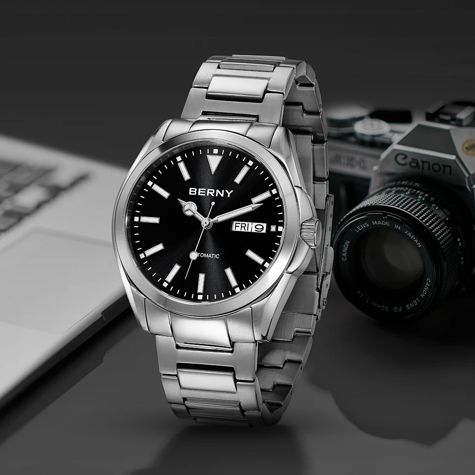 BERNY Automatikuhren für Herren, superleuchtend, Datum und Woche, mechanische Herrenuhr, komplett aus Edelstahl, Armbanduhr NH36, Saphir – Detail 10