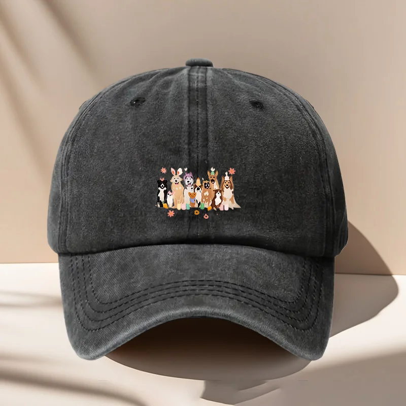 1 Vintage Baseball Cap - Cute Pets Collection Cartoon Print, Adjustable Buckle Design, Multiple Colors Available, Distressed Was