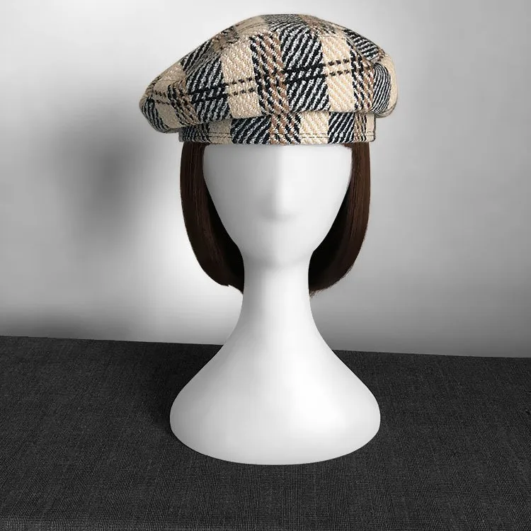 British Retro Beret for Women, Timeless Plaid Painter Hat, Elegant and Chic Brimless Cap, Versatile All Seasons Baotou Hat