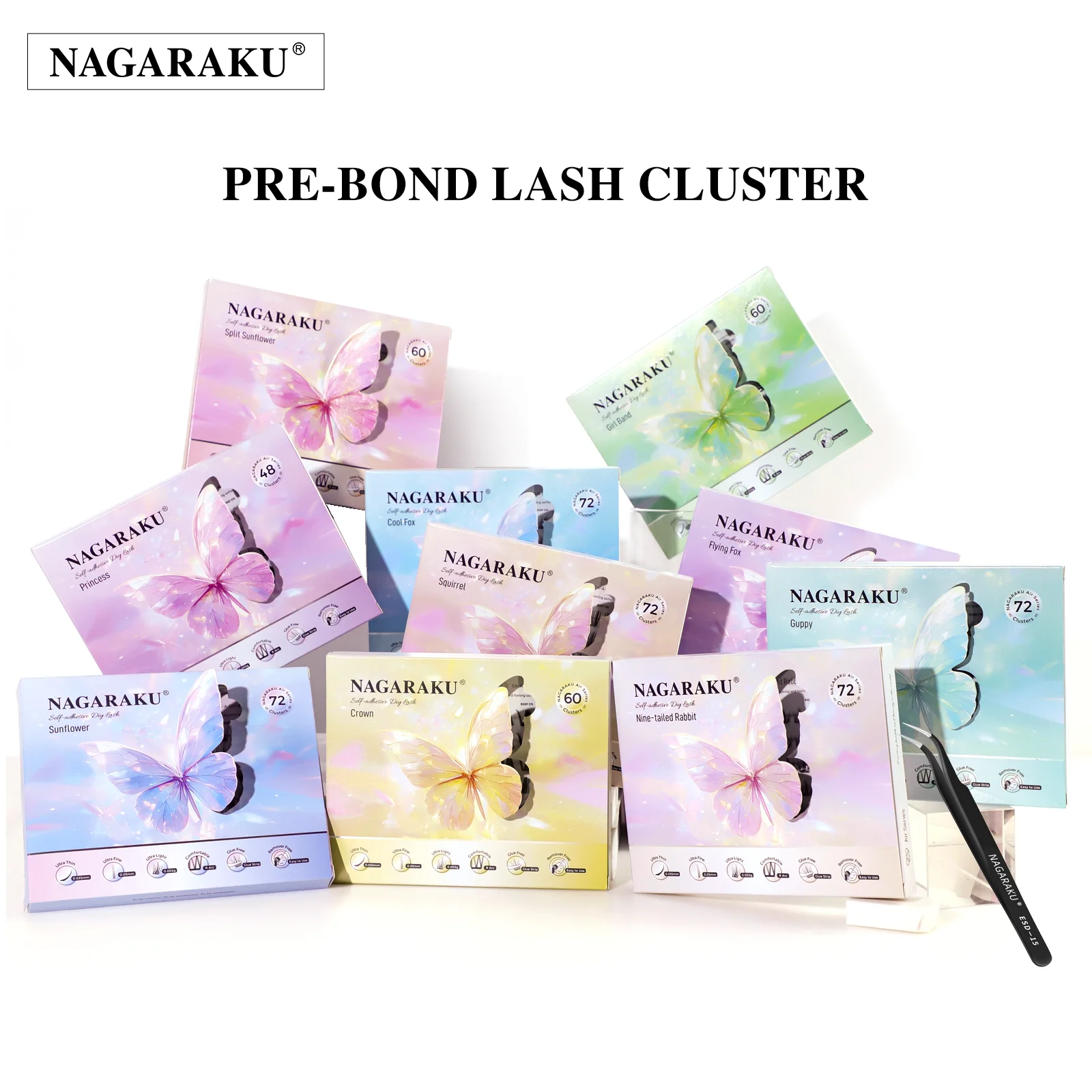 NAGARAKU Pree on Lashes Self Adhesive Eyelashes Cluster Lashes S001 0.07C Curl 10-14mm DIY Lashes Extension NO Glue Needed
