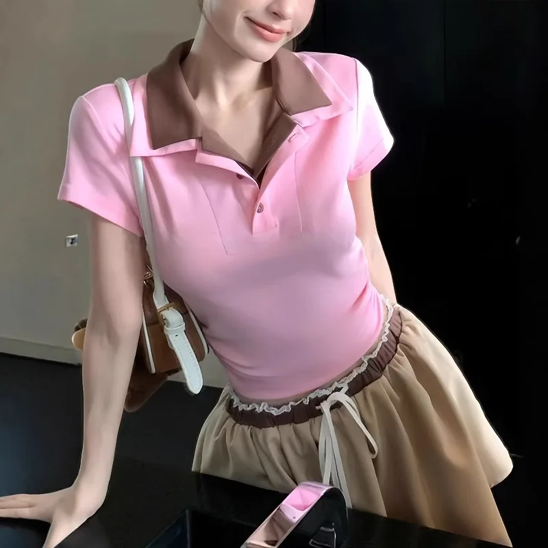 Retro Summer Fashion Pink Collar Short Sleeve Top Casual Khaki Contrast Half Length Skirt Korean Y2k Harajuku 2-piece Set 투피스