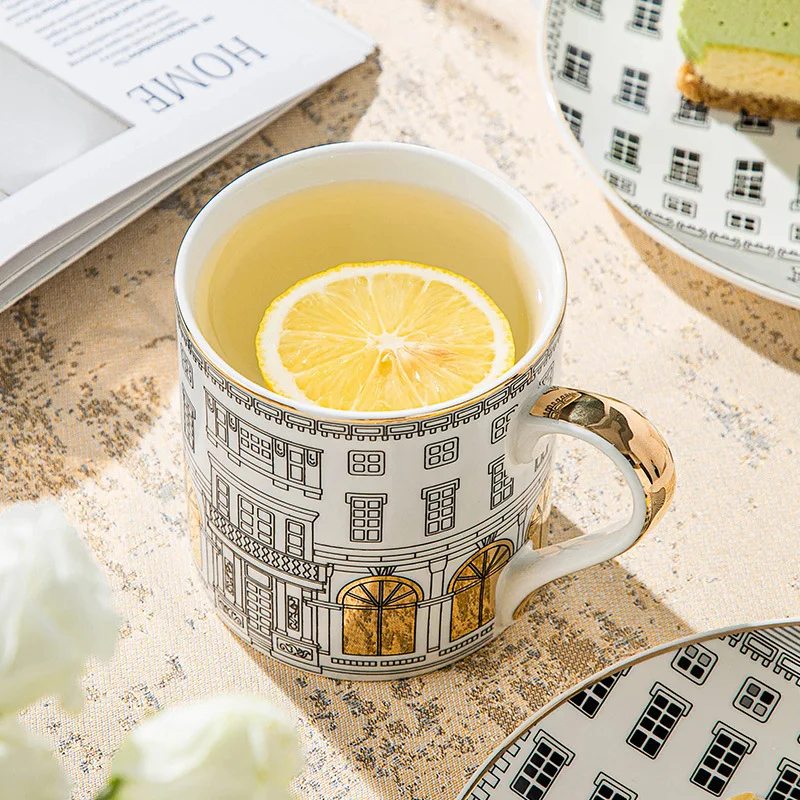 Golden Building Coffee Mug European Luxury Gold Painted Design Cups and Saucers Ceramics Dessert Plate for Kitchen Gift
