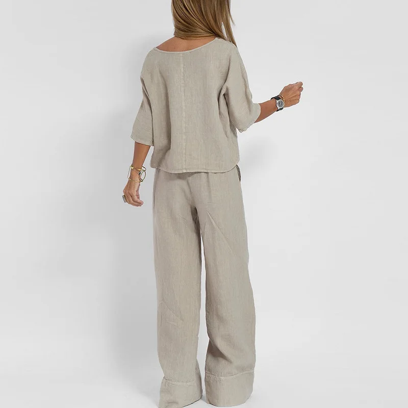 Costumes en lin pour femmes, T-shirt décontracté, taille élastique, pantalon à jambes larges, col rond, blanc, mode d'été, nouveau, ensemble 2 pièces