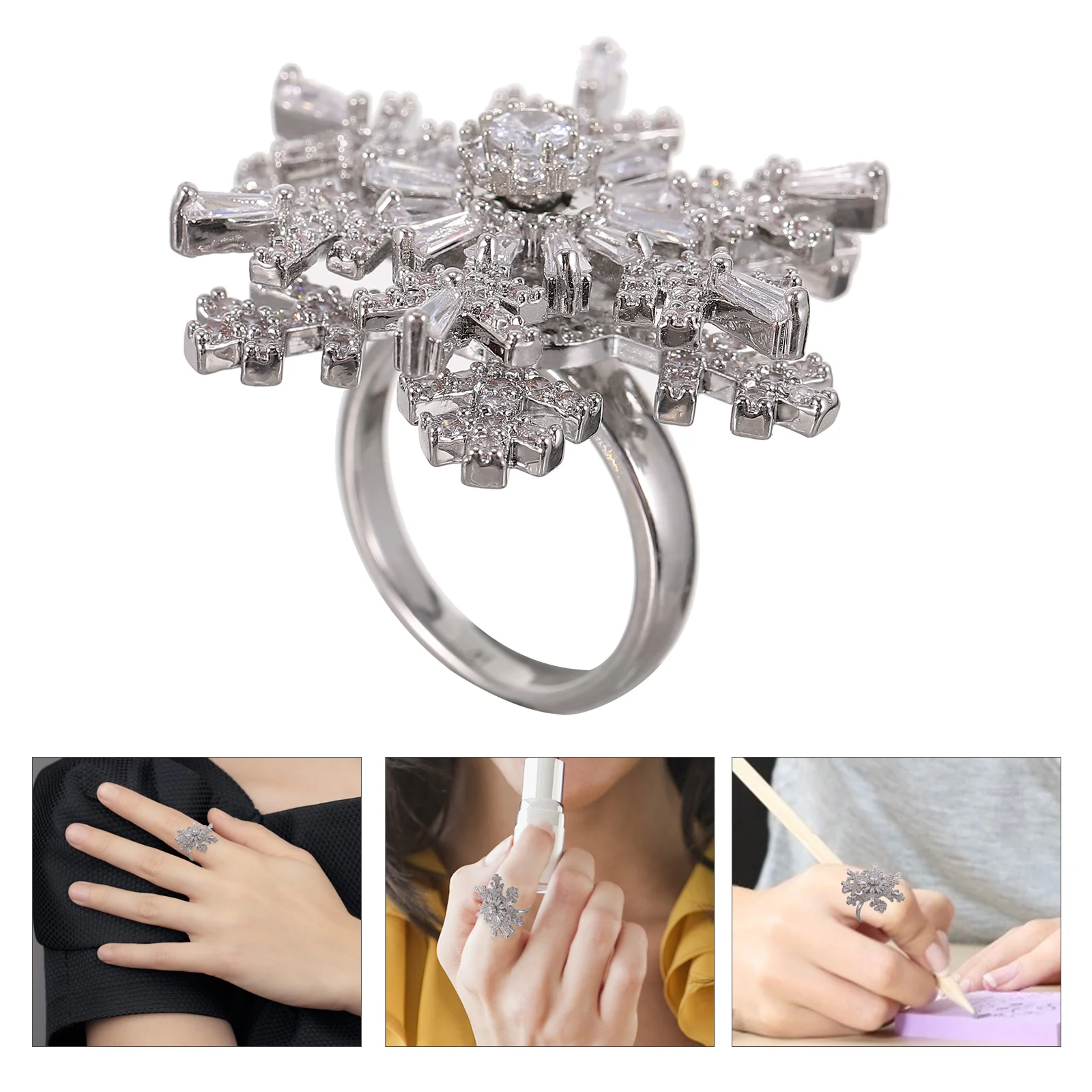 

1Pcs Adjustable Double Layer Snowflake Ring for Women Rotating Open Finger Jewelry Delicate Zircon Design Daily Dress Decoration