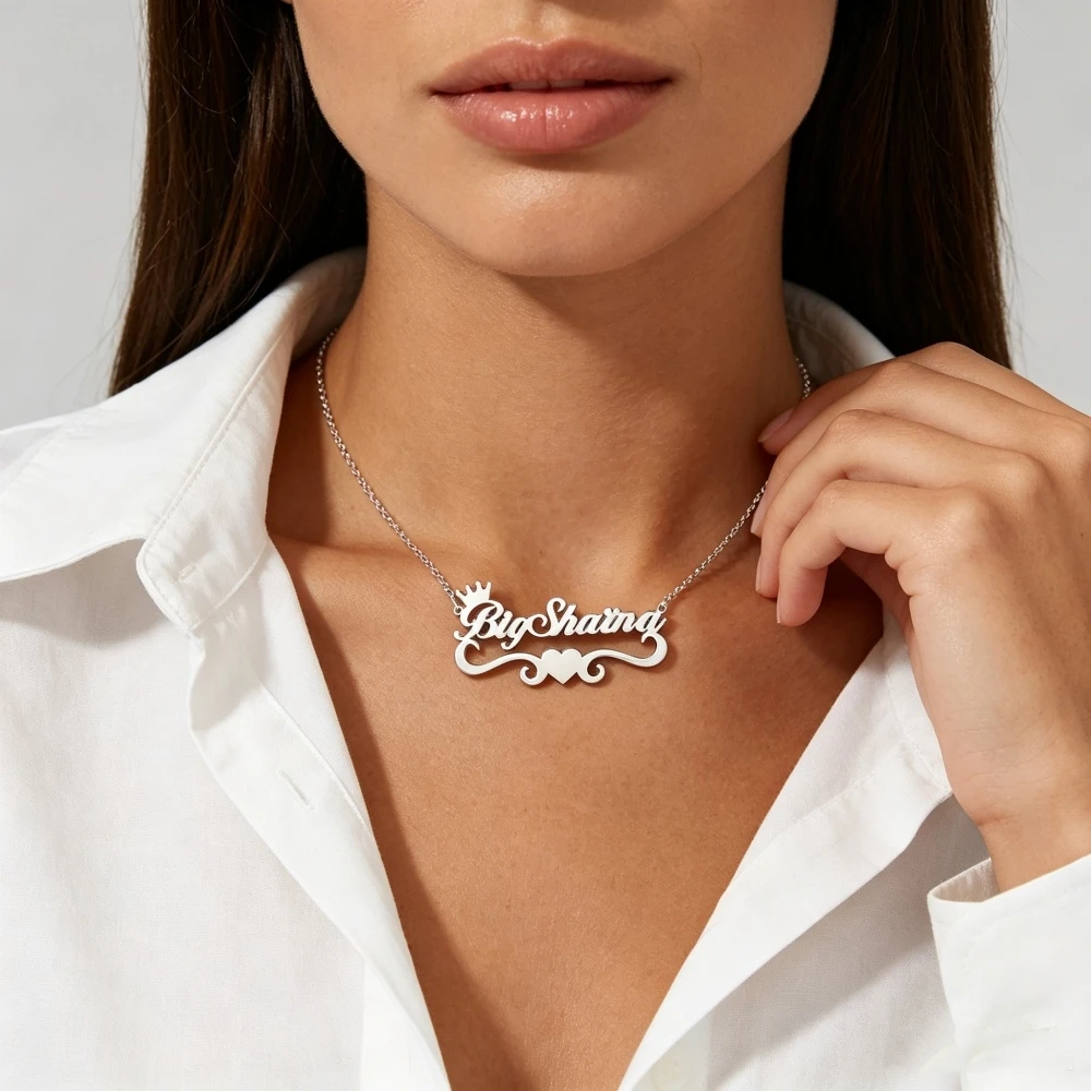Custom Crown Name Necklace Personalized Nameplate Heart Wave Necklace Stainless Steel Women Jewelry Gifts For Mom Sister Grandma