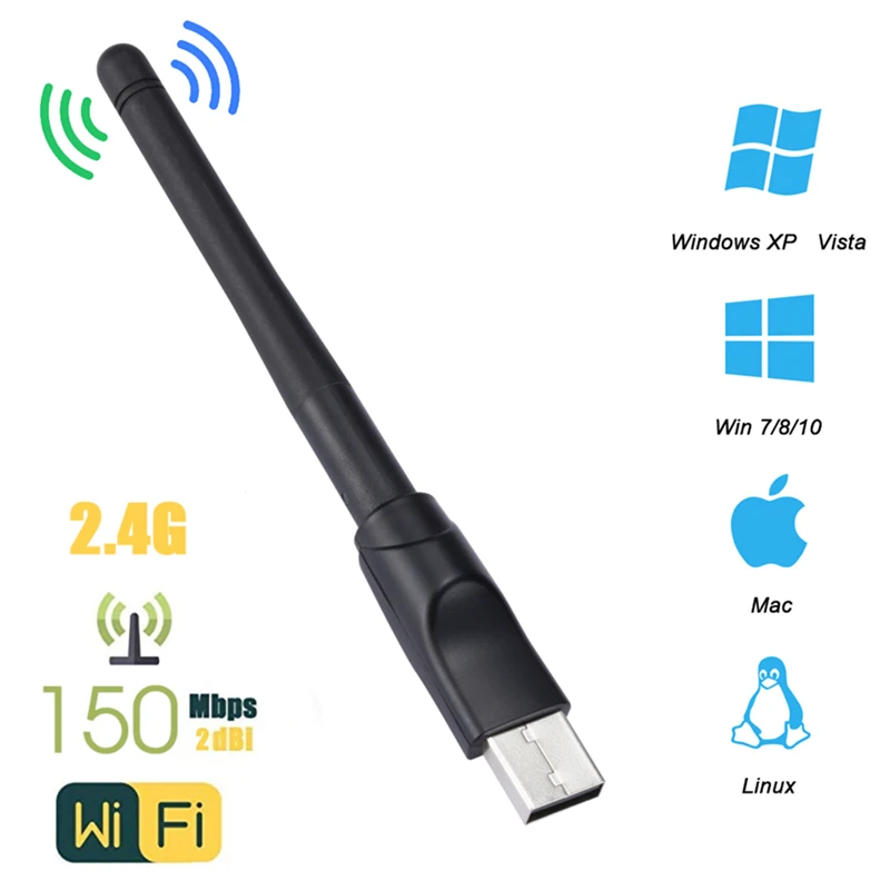 무선 네트워크 카드 미니 USB 와이파이 어댑터, LAN 와이파이 리시버 동글 안테나, 802.11 b/g/n PC 노트북 윈도우용, 150Mbps MT7601