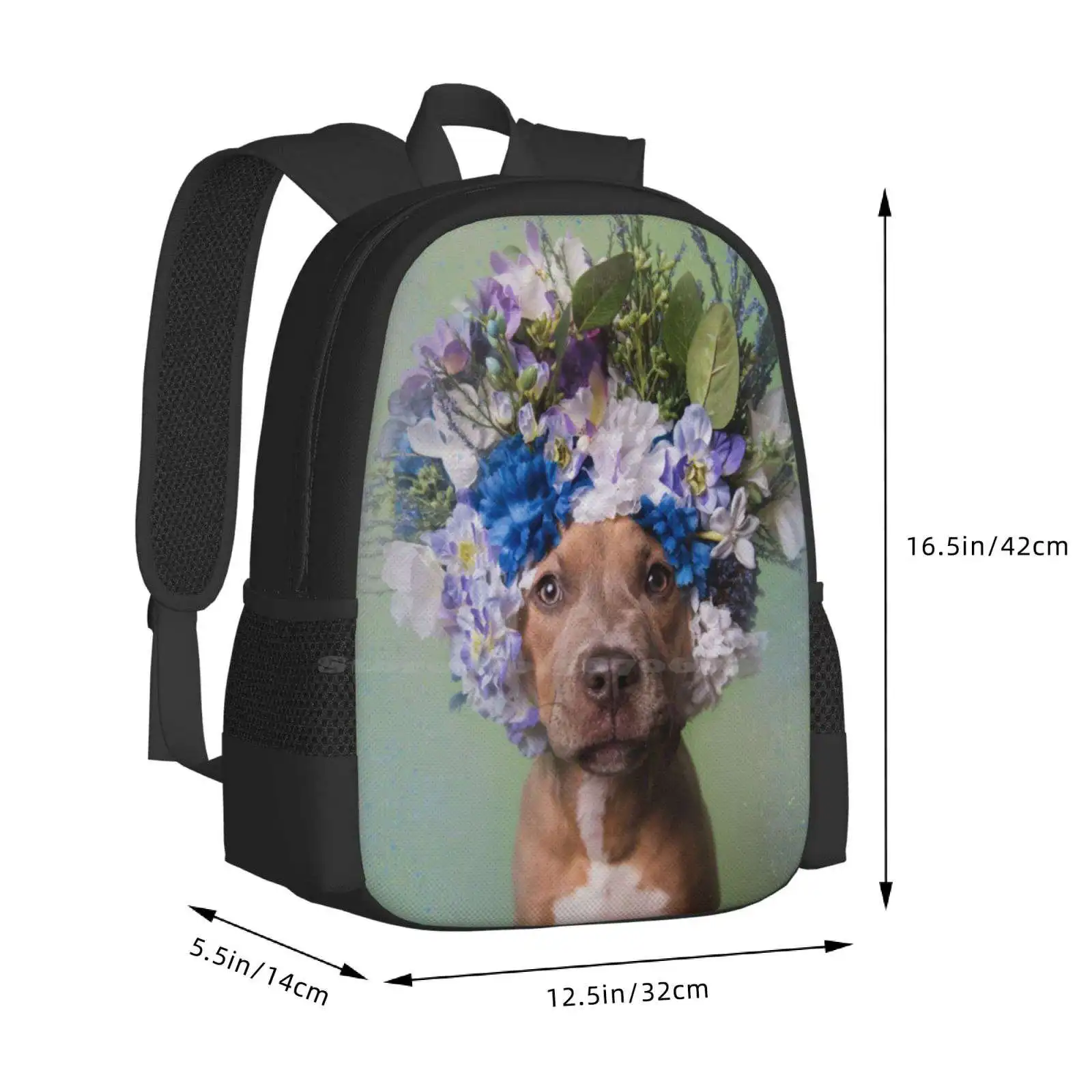 Flower Power , Kyla School Bags For Teenage Girls Laptop Travel Bags Pit Bull Flowers Dog Rescue Shelter Love Flower Crown