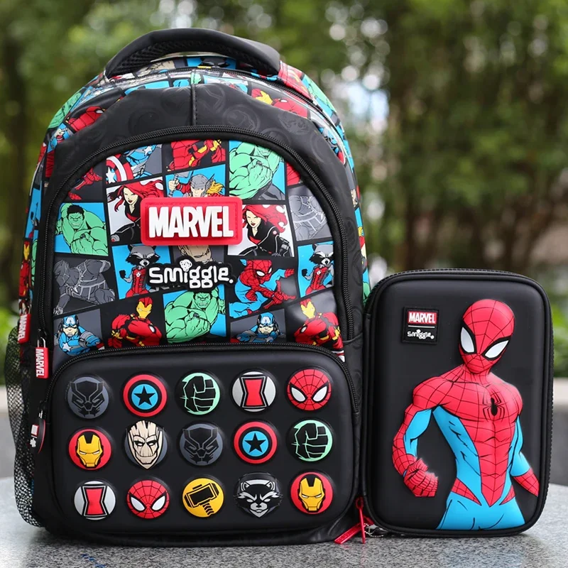 New Marvel Smiggle School Bag Superhero Boys Backpack Iron Man Spiderman Student Years Backpack Water Bottle Meal Bag Pencil Box