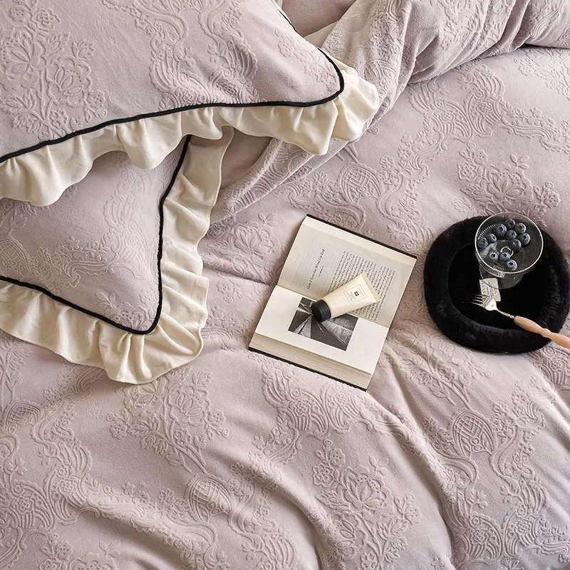 Skin-friendly Warm Girl Three-dimensional Carved Bed Sheet Quilt Cover Pillowcase Bedding Set Retro Milk Fleece Four-piece Set