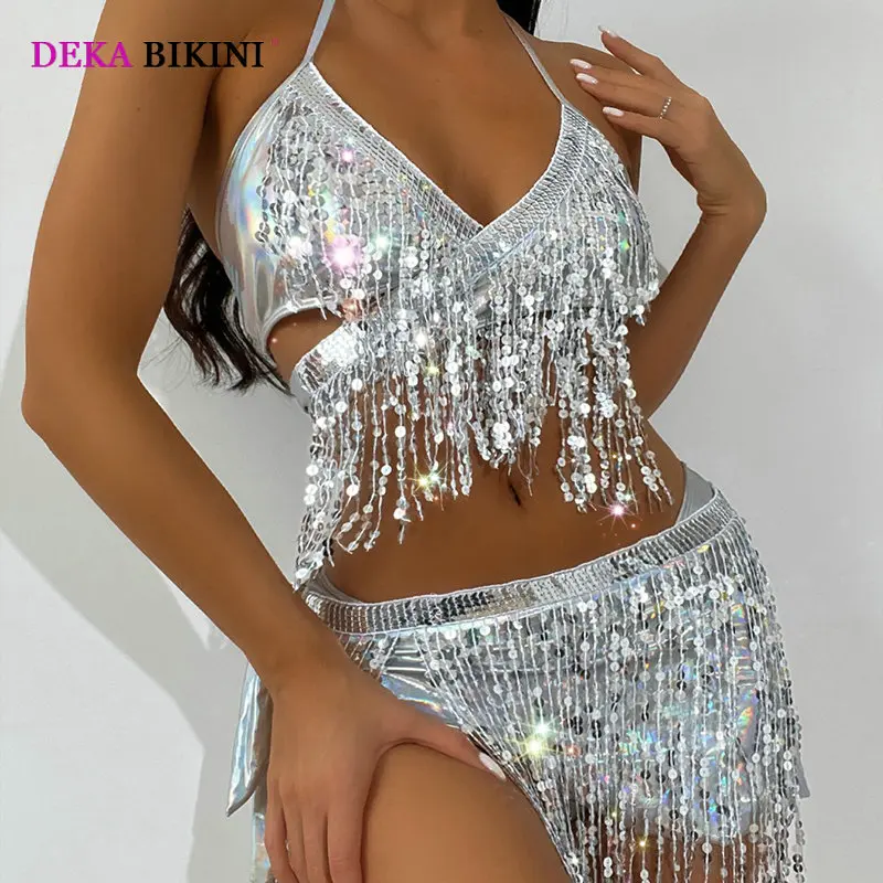 DEKA Brazilian Women's Silver Sequin Tassel Bikini Set Halter Fringes Bra Shorts Nightclub Swimsuit Dance Stage Outfit Swimwear