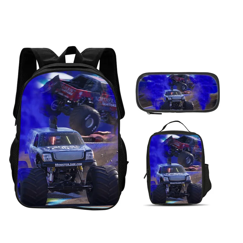 Monster Jam backpack, pencil case ice pack 3Pcs set cartoon print, new trend, best campus companion for students going to school