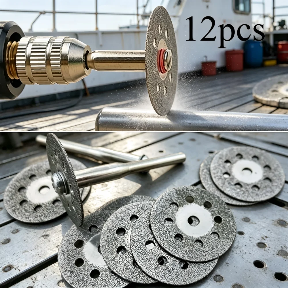22mm Diamond Cutting Disk Ship Grinding Set, 10Pcs 0.4mm Thin Saw Blades + 2 Handle, Rotating Tool, Ship Polishing Cutting Set