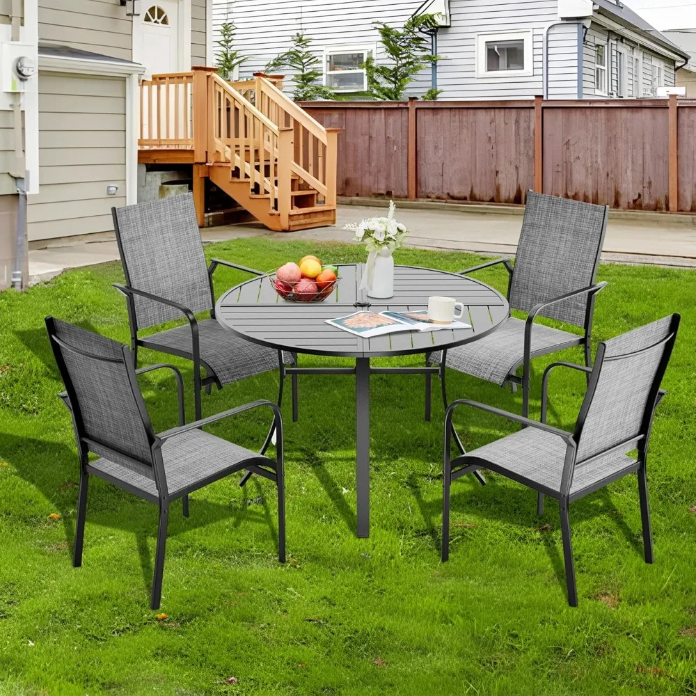 

5-Piece Outdoor Dining Table Set for 4,Round Table with Umbrella Hole & 4pcs Textilene Chairs - Patio Outdoor Furniture for Porc