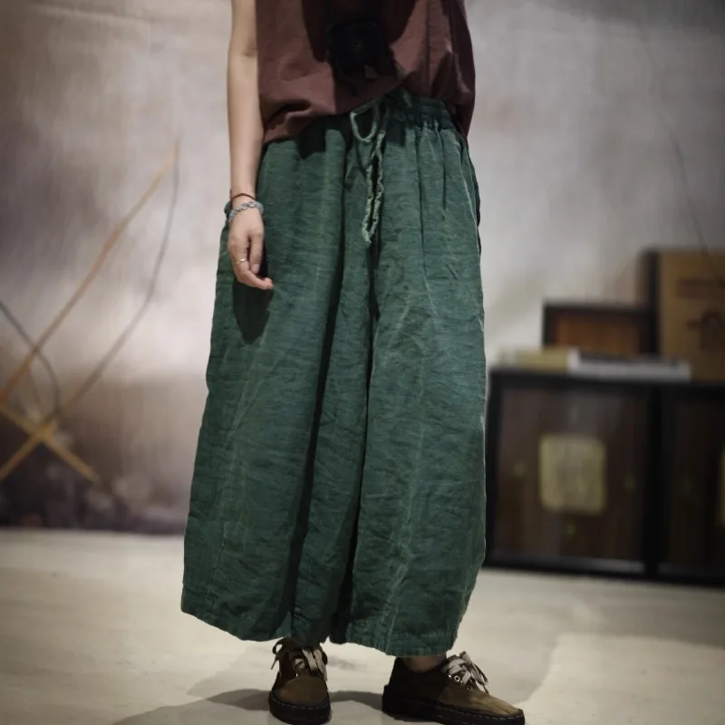 Artist Style 100% Linen Wide Leg Pants Women Loose Elastic Waist Slimming Straight Casual Long Trousers Commute Style High Waist