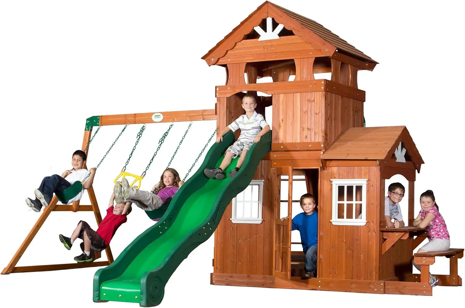 Cedar Wooden Playset Swing Set with 2 Belt Swings, Trapeze Bar, 10 ft Wave Slide, Covered Upper and Lower Playhouse