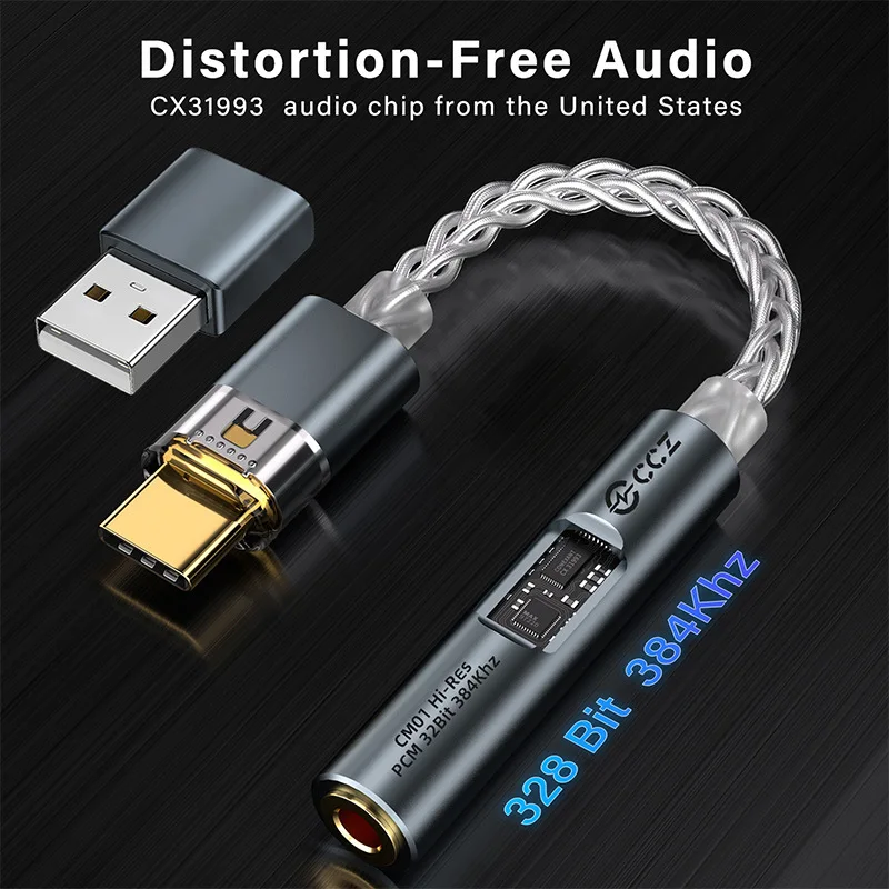 CCZ CM01 Type-C to 3.5mm Audio Adapter — 8-core silver-plated monocrystalline copper cable, featuring CX31993 + MAX97220 DAC