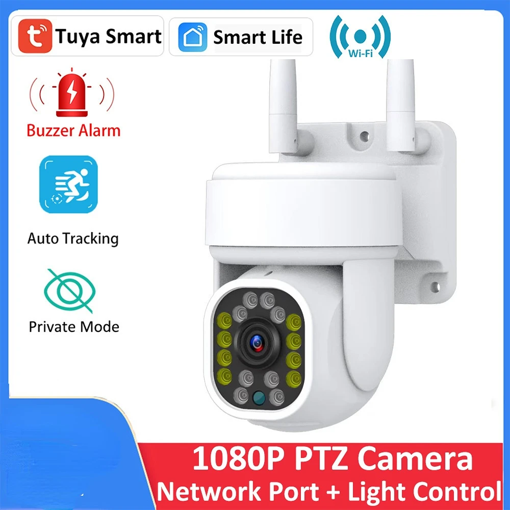 Tuya 1080P PTZ WiFi IP Outdoor Auto Tracking Wireless Audio 2MP Security CCTV Siren White Light ON OFF Manually APP Set Camera