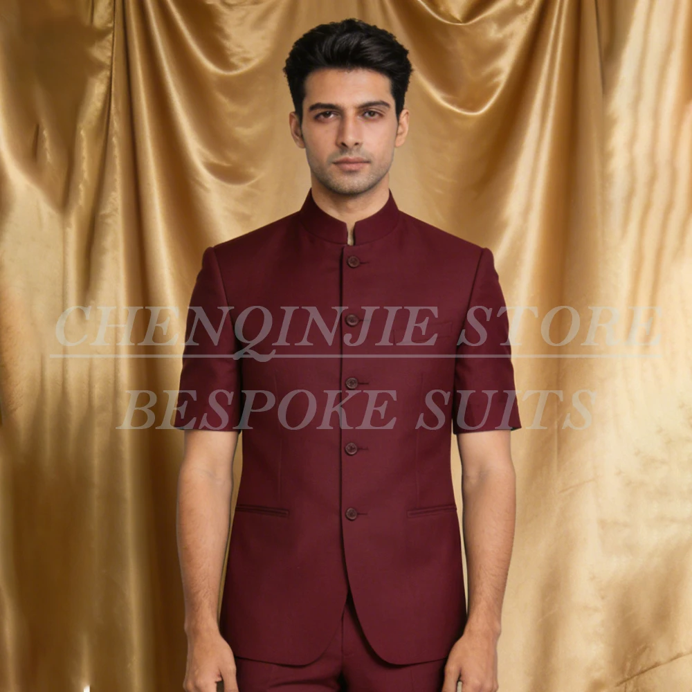 

Short Sleeve Men's Nuhru Suits Blazer Summer Single Breasted Mandarin Reguar Fit 2 Piece Jacket Pants Customized Clothing