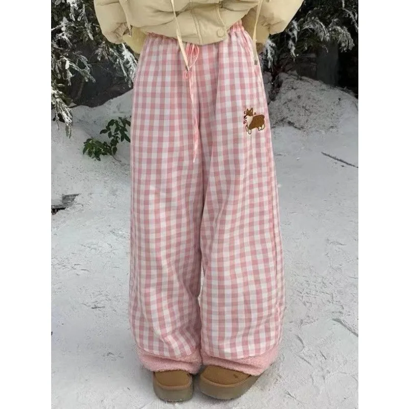 

Japanese Kawaii Pants Women Fluffy Grid Decoration Casual Trousers Harajuku Subculture Autumn Winter Sweet Pants Women Clothing