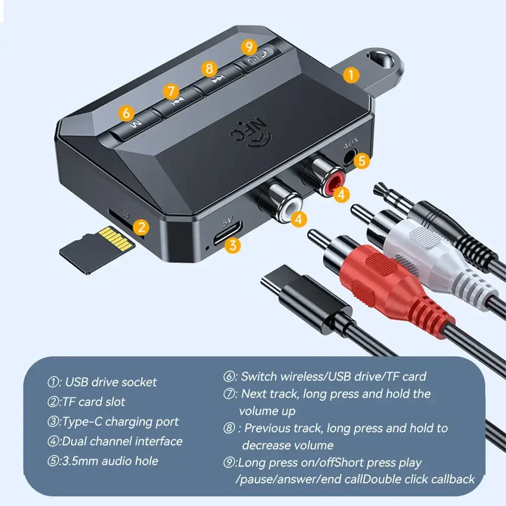 Car NFC Bluetooth 5.3 Audio Receiver with 3.5mm AUX RCA USB U-Disk/TF HIFI Stereo Music Receiver Wireless Adapter With Mic Kit