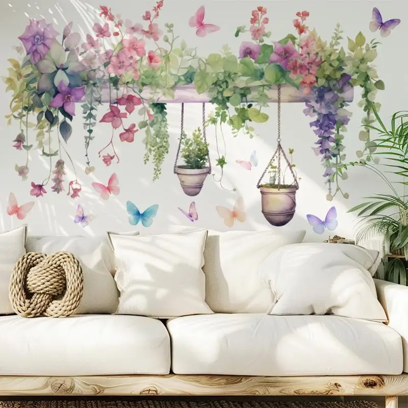 Watercolor Hanging Flower Wall Stickers Colorful Butterfly Self Adhesive for Living Room Bedroom Home Wall Decor
