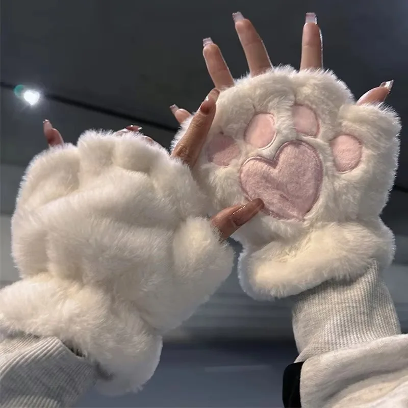 1 Pcs Autumn Winter Women Plush Mittens Warm Soft Plush Short Fingerless Fluffy Bear Cat Gloves Costume Half Finger Girls Gifts
