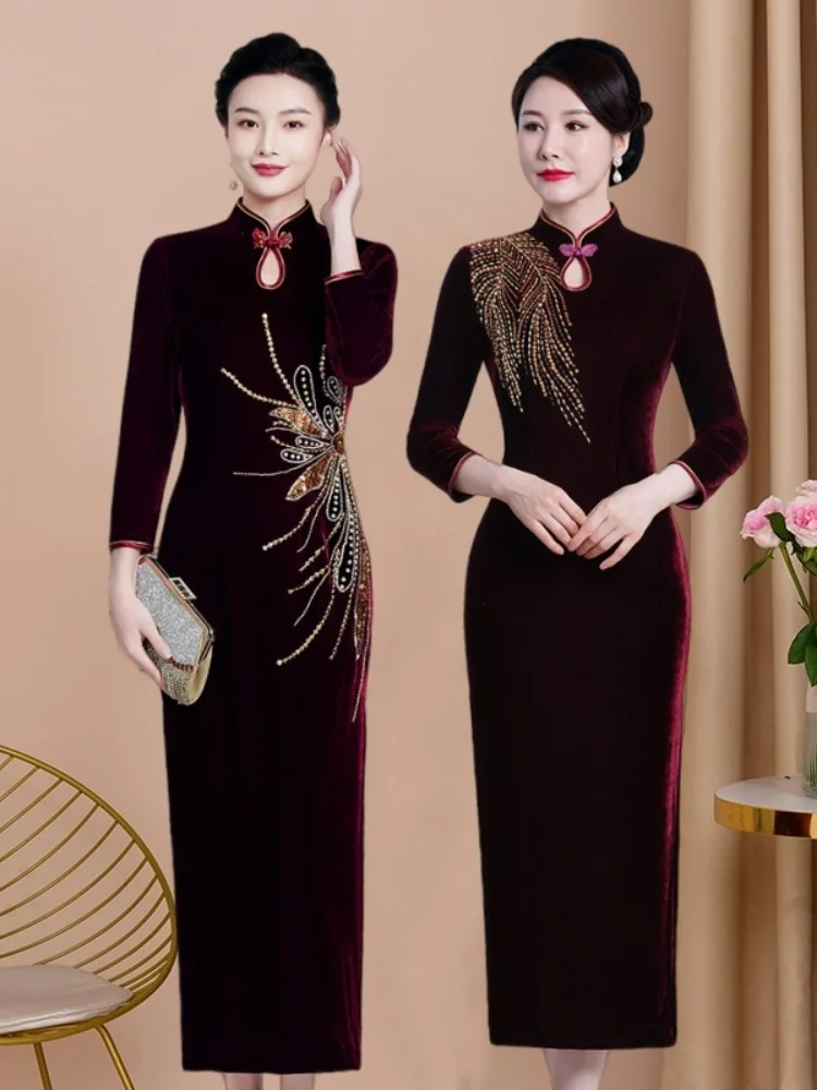 

High-End Long Sve Gold Velvet Wedding Dr Thiened Materni Winter Performance Costume Low Cut Evening Gown